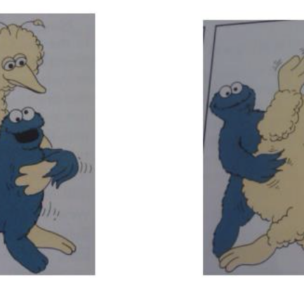Two hand-drawn images. On the left, Big Bird tickles Cookie Monster. On the right, Cookie Monster tickles Big Bird.